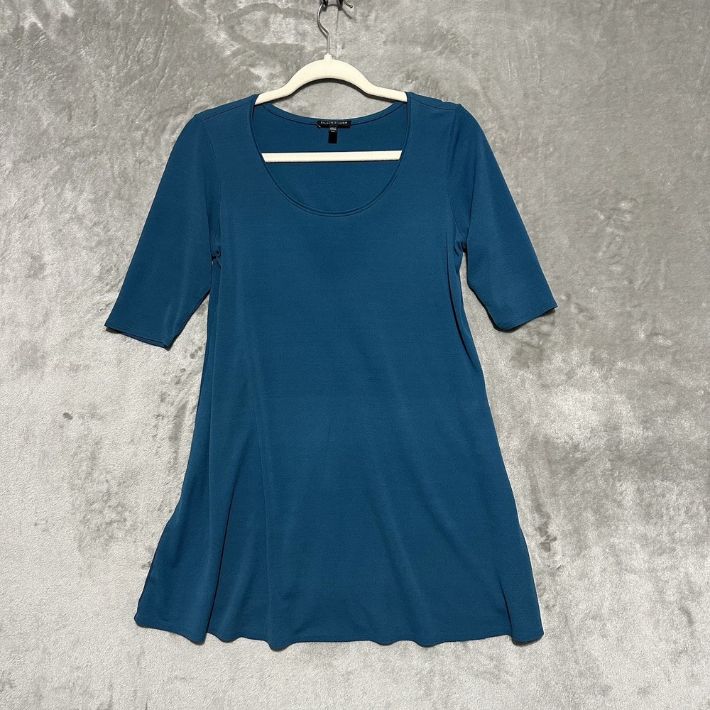 Eileen Fisher Silk Tunic Dress Small Blue Minimalist Quiet Luxury Elevated Basic
